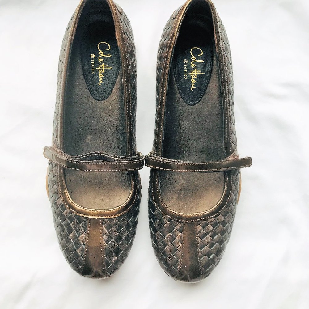 Cole Haan Womans Shoes NEW Metallic Bronze Woven Leather Mary Jane Flats NEW